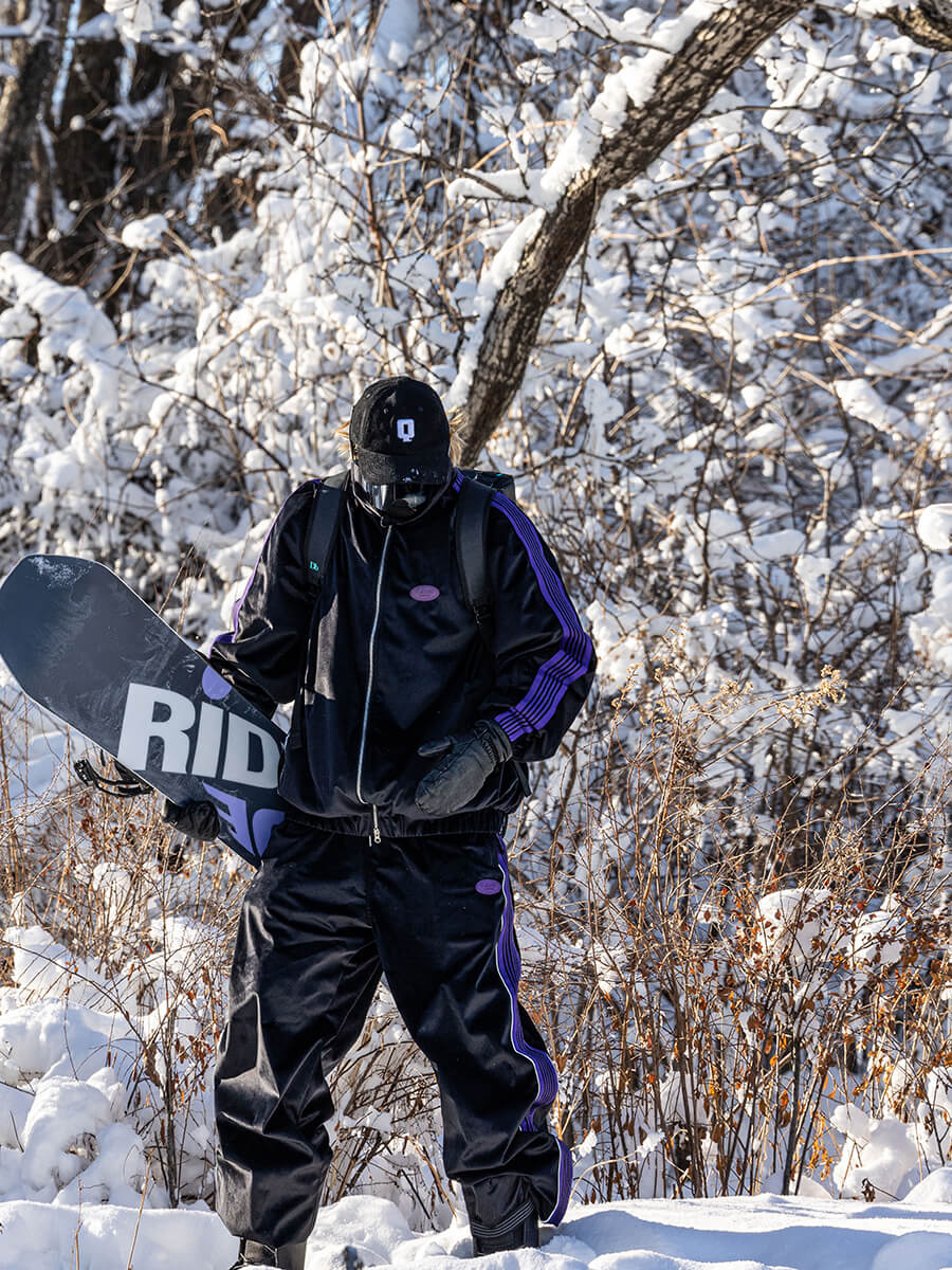 Unisex Black Snow Jacket & Pants Set (With Purple Stripe)