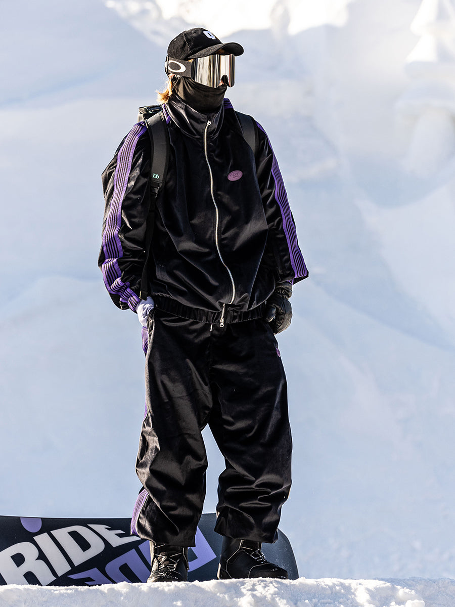 Unisex Black Snow Jacket & Pants Set (With Purple Stripe)