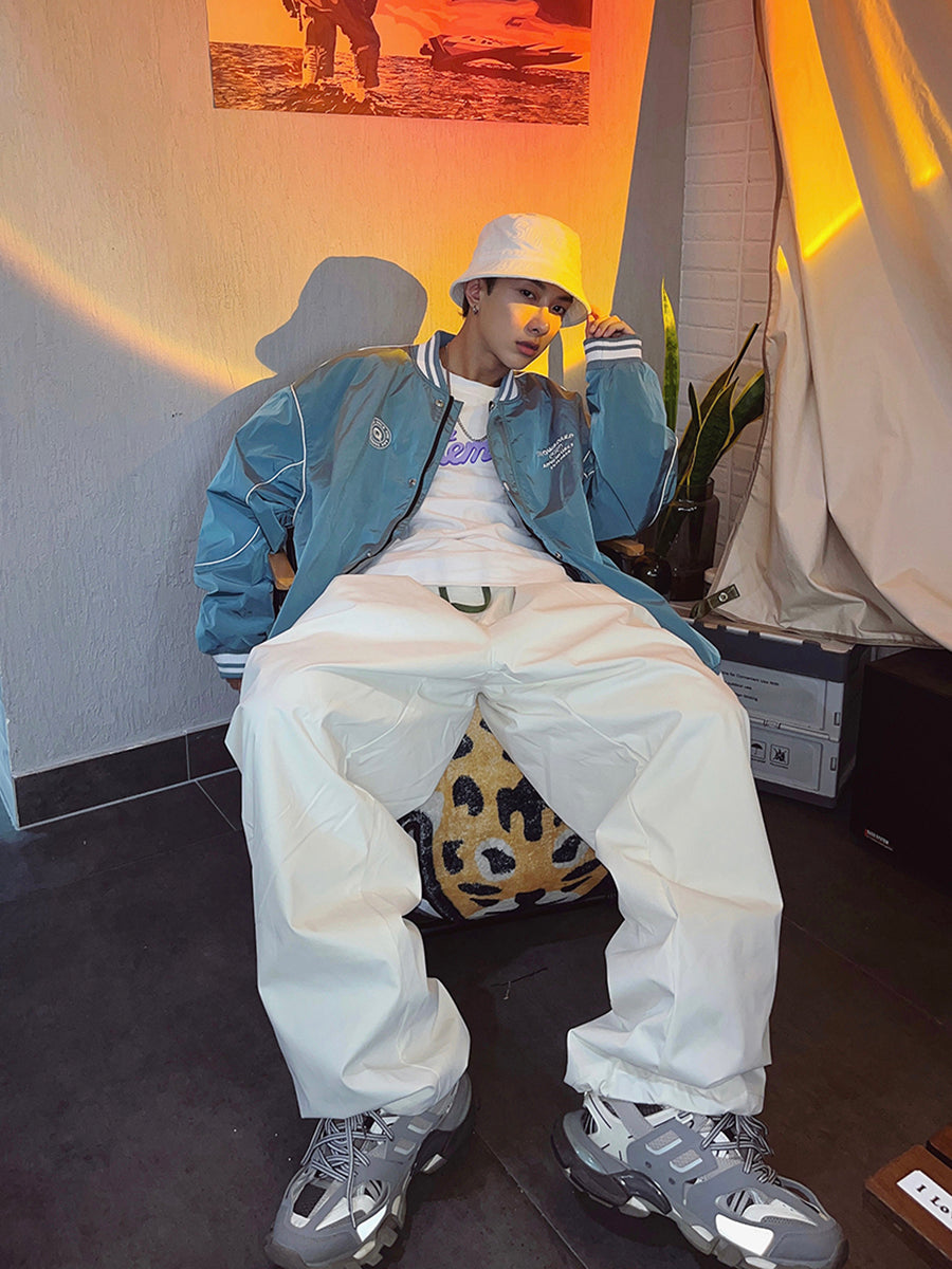 Unisex Baseball Style Snow Jacket & White Baggy Snow Pants